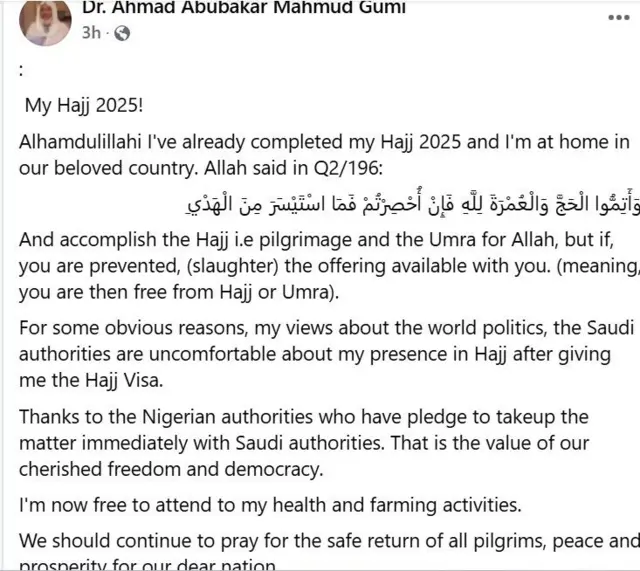 Ọrọ ti Sheik Ahmad Gummi kọ soju opo Facebook rẹ