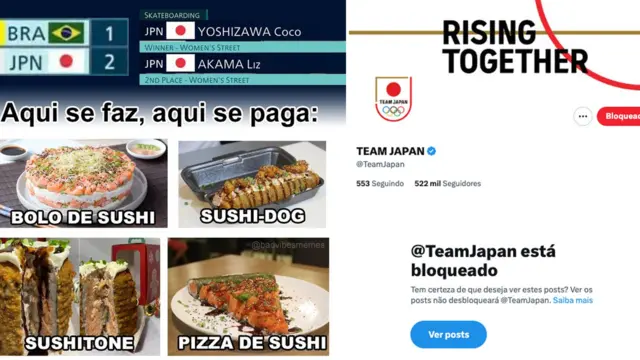 Meme com pratosroulettsushi no Brasil e uma imagem do bloqueio da página do Team Japan no Twitter pelo Time Brasil