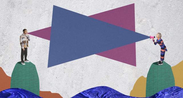 Ilustração mostra fotoapp da betanoduas pessoas falando, com triângulos representando caixaapp da betanotexto