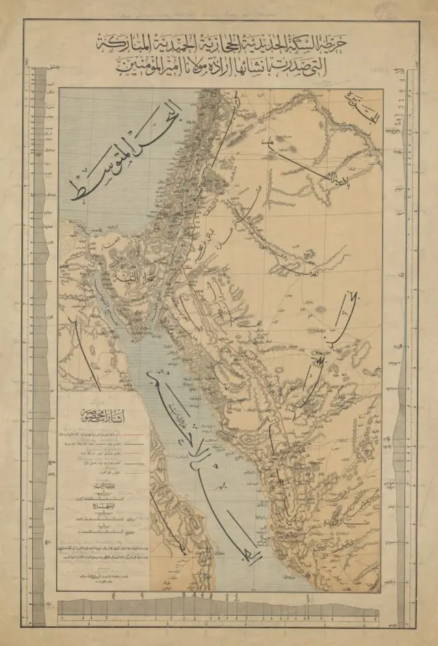 نقشه‌ای عثمانی که راه‌آهن حجاز را ترسیم می‌کند. روی آن نام ایستگاه‌ها و مسیر خط به زبان عثمانی نوشته شده است.
