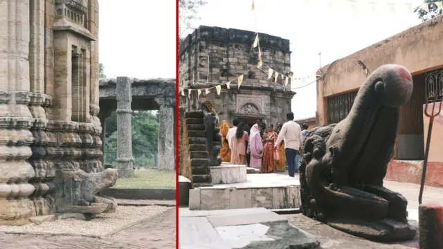 বাঁয়ে: বান্দার জৈন দেউল মন্দিরে মকরমুখ নিকাশি নালা। ডানে: বুধপুর শিব মন্দিরে একই রকম মকরমুখ নালাকে দেবজ্ঞানে পূজা