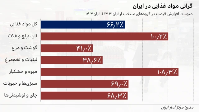 نمودار میله‌ای که نشان می‌دهد طبق بررسی‌های مرکزی آمار ایران، از آبان ۱۴۰۳ تا آبان ۱۴۰۴ قیمت کل مواد غذایی به طور متوسط ۶۶.۲ درصد، نان، برنج و غلات ۱۰۰.۲ درصد، گوشت و مرغ ۴۱ درصد، لبنیات و تخم مرغ ۴۸.۶ درصد، میوه و خشکبار ۱۰۸.۳ درصد، سبزی‌ها و حبوبات ۶۹ درصد، و چای و نوشیدنی‌ها ۶۸.۳ درصد بالا رفته است.