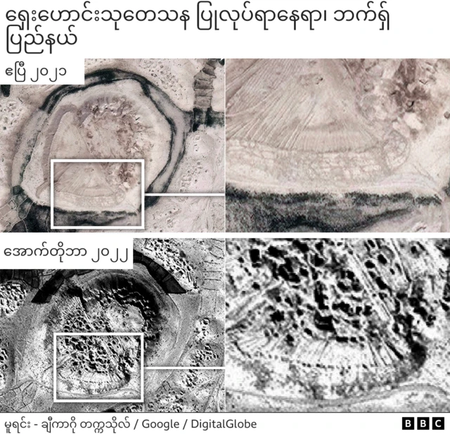 Graphic showing satellite images of an archaeological site in Balkh, Afghanistan, showing what researchers say is evidence of bulldozing in April 2021 and pits dug by looters in October 2022