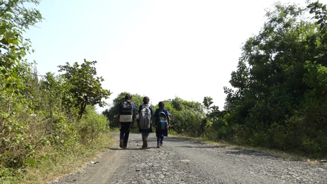 जंगलातल्या रस्त्यानं शाळेत जाणारी मुलं 