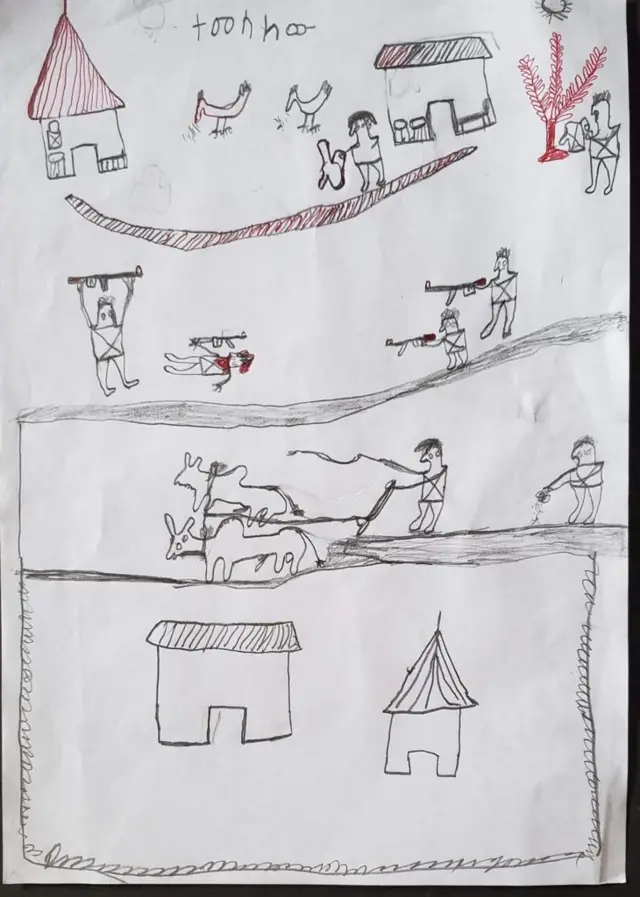 በመጠለያ ውስጥ ያለ አንድ ሕጻን የሳለው ሥዕል