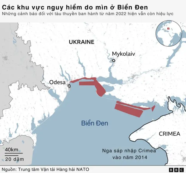 Bản đồ cho thấy các khu vực nguy hiểm do mìn biển ở Biển Đen