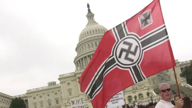 Grupa neonazistów wywieszająca duże flagi i niosąca transparenty przed budynkiem Kapitolu w Waszyngtonie w 2002 roku.