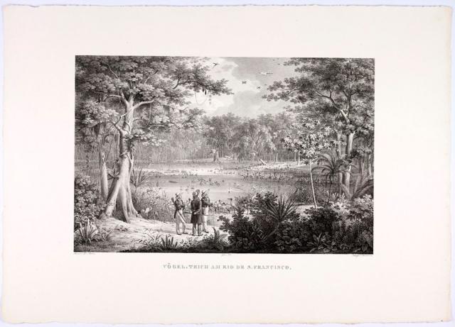 Litografia mostra três homens observando paisagem com árvores e rio