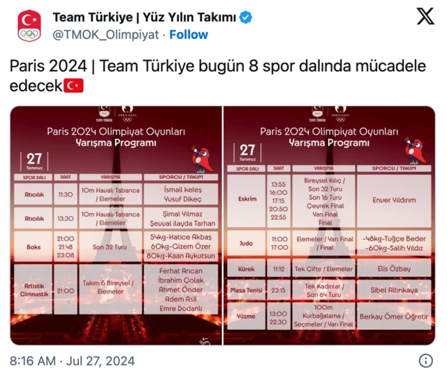 TMOK, Team Türkiye hesabından güncel yarışma programını açıklıyor