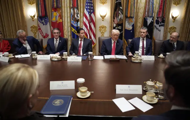 دونالد ترامپ، رئیس‌جمهور آمریکا، (در مرکز)، در جلسه‌ کابینه در کاخ سفید سخنان افتتاحیه‌اش را بیان می‌کند
