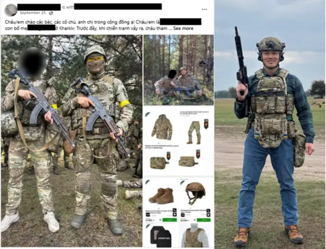 Ảnh chụp màn hình lời kêu gọi tài trợ trên mạng xã hội và Tùng "bộ đội" khi nhập ngũ với quần áo dân sự và các trang thiết bị tự mua