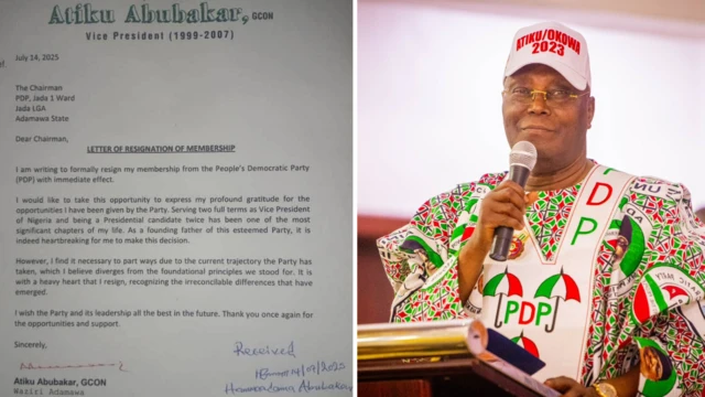 Foto of Atiku Abubakar resignation letter and political campaign rally in Adamawa in 2019.
