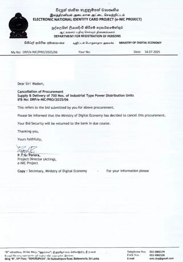 Letter issued by the Ministry.