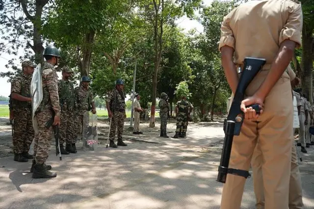 Police personnel watching everywhere during a 'Bihar Bandh' protest demanding the resignation of Union Education Minister Dharmendra Pradhan over alleged irregularities in the NEET examination, at Gandhi Maidan on July 25, 2026 in Patna, India.