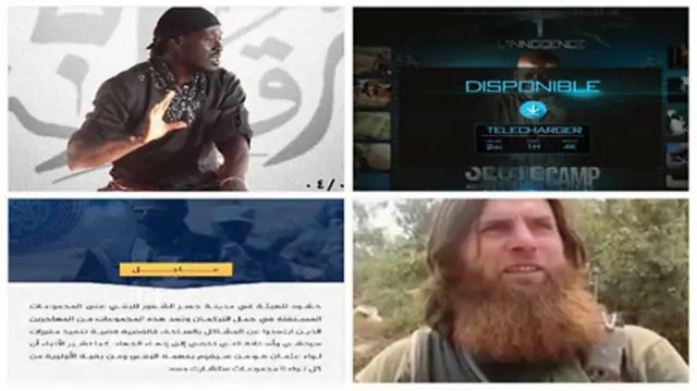 دو تصویر: بالا چپ: عمر اُمسن؛ پایین سمت راست: مسلم شیشانی، رهبران گروه‌هایی که هیئت تحریر شام آن‌ها را منحل کرد