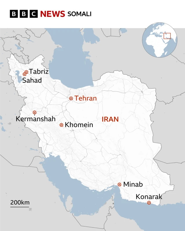Magaalooyinka la duqeeay ee Tabriz, Sahand, Sanandaj, Kermanshah, Sarableh, Khomein, Isfahan, Lamerd, Zahedan, Bandar Abbas, Minab, Konarak