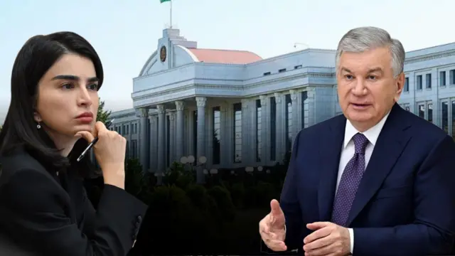 Орқа фонда Президент Администрацияси биноси. Олдинда эса Шавкат Мирзиёев ва Саида Мирзиёева