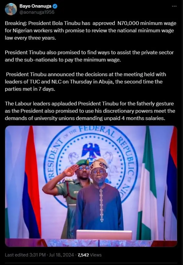 New minimum wage in Nigeria 2024 70,000 naira na im Tinubu approve for Nigerian workers BBC