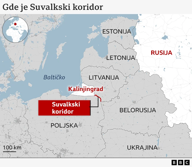 Mapa prikazuje granicu između Litvanije i Poljske označenu crvenom bojom kao Suvalski prolaz. Na mapi se takođe takođe ističu Baltičko more plavom bojom, Belorusija, Ukrajina, Letonija, Estonija sivom bojom i Rusija belom bojom.
