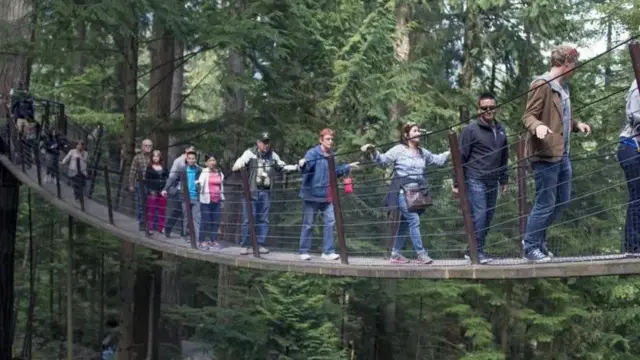 Pessoas andando em cima de uma ponte. No fundo há várias árvores