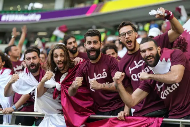 Fans of Qatar team before the FIFA World Cup Qatar 2022 Group A match between Qatar and Senegal at Al Thumama Stadium on 25 November 2022 in Doha, Qatar. (Photo by Ayman Aref/NurPhoto via Getty Images)