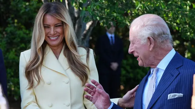 King Charles III and First Lady Melania Trump share a joke at the garden party