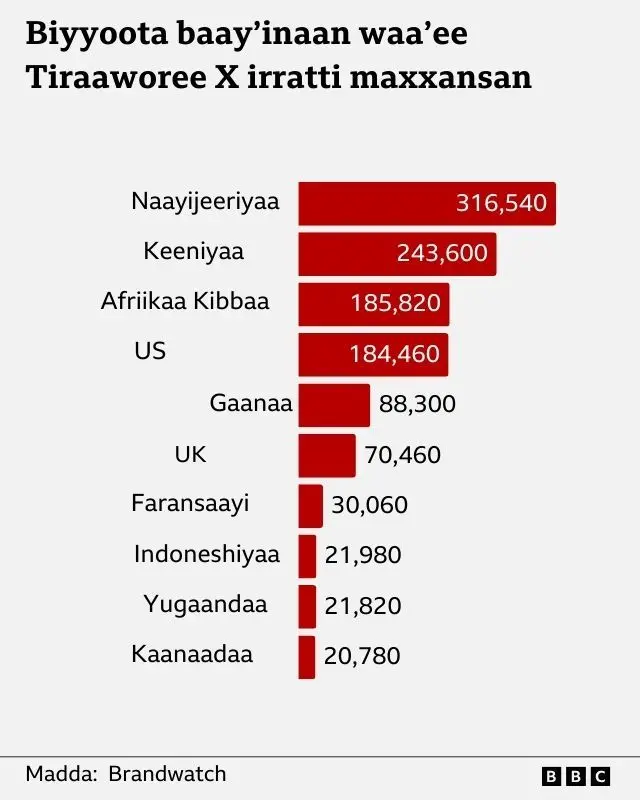 Biyyoota baay'inaan waa'ee Ibraahim Tiraaworee X irratti qoodan