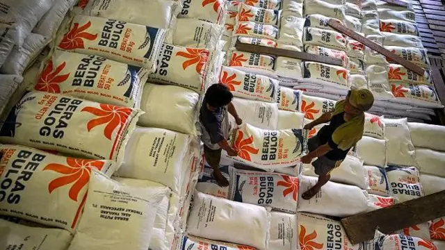 Sejumlah pekerja mengangkut beras di Gudang Bulog Kelapa Gading, Jakarta, Senin (19/2/2024).