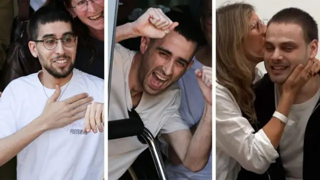 Composición de tres de los rehenes liberados, celebrando