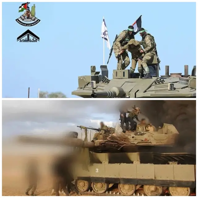 হামাস ভিডিও ফুটেজ: প্রথম ছবিটি ২০২০ সালের ডিসেম্বর মাসে পোস্ট করা মহড়ার ভিডিও ফুটেজে দৃশ্যমান। পরেরটি ৭ই অক্টোবরের হামলার।