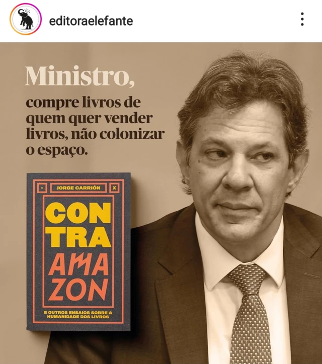 Postagem da editora Elefante nas redes sociais criticando falacasa de apostas eleições 2024que o ministro da Fazenda, Fernando Haddad, citou a Amazon