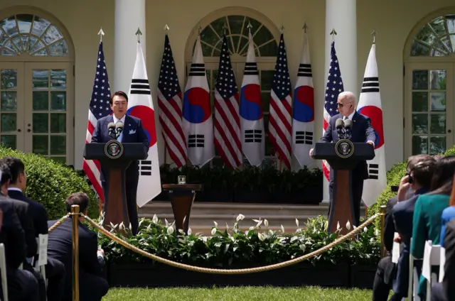 US President Joe Biden and South Korea's President Yoon Suk-yeol at a joint presser in the White House