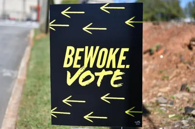 letrero que dice "sé woke. vota". 