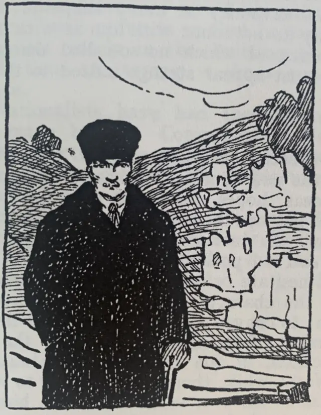 Kitapta yer alan ve Mustafa Kemal'i Çankaya'da yürürken gösteren bir çizim 