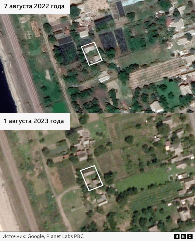 Спутниковые снимки, на которых виден дом в августе 2022 года и в августе 2023-го