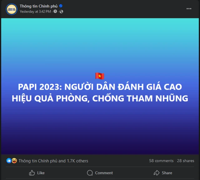 Ảnh chụp màn hình trang Facebook Thông tin Chính phủ