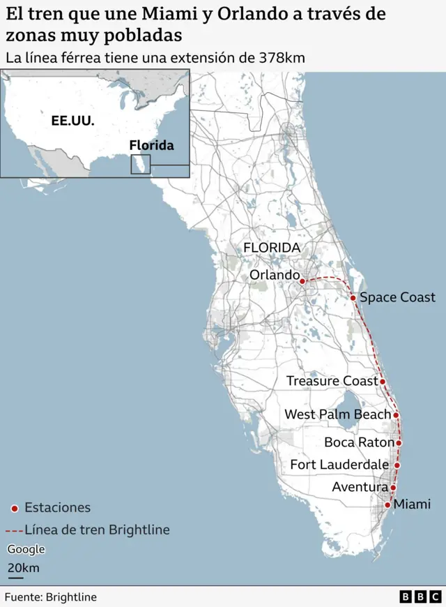 Mapa de Florida que muestra el recorrido del Brightline. 