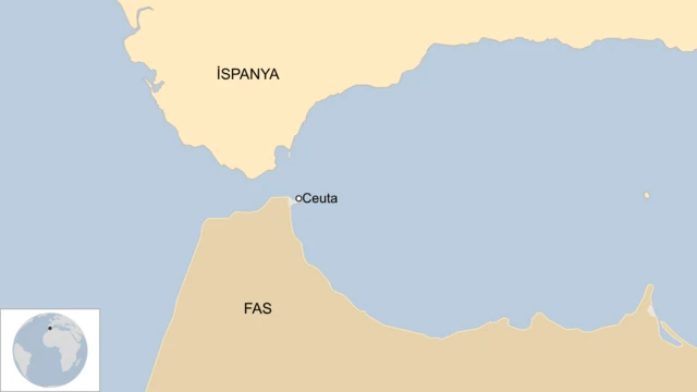 İspanya, Fas ve Ceuta'nın yerlerini gösteren bir harita