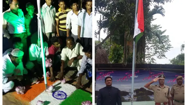 মশালডাঙ্গা ছিটমহলে ৩১শে জুলাই মধ্যরাতের অনুষ্ঠানের প্রস্তুতি (বাঁয়ে), পয়লা অগাস্ট সকালে পোয়াতুরকুঠি ছিটমহলে কোচবিচারের জেলা শাসক ও পুলিশ সুপারের পতাকা উত্তোলন (বাঁয়ে) - ফাইল ছবি