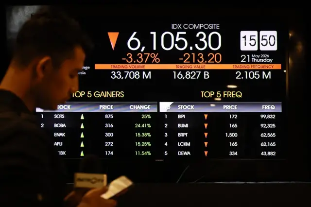 Seorang pria berjalan di dekat layar digital pergerakan Indeks Harga Saham Gabungan (IHSG) di Bursa Efek Indonesia (BEI), Jakarta, Kamis (21/05).