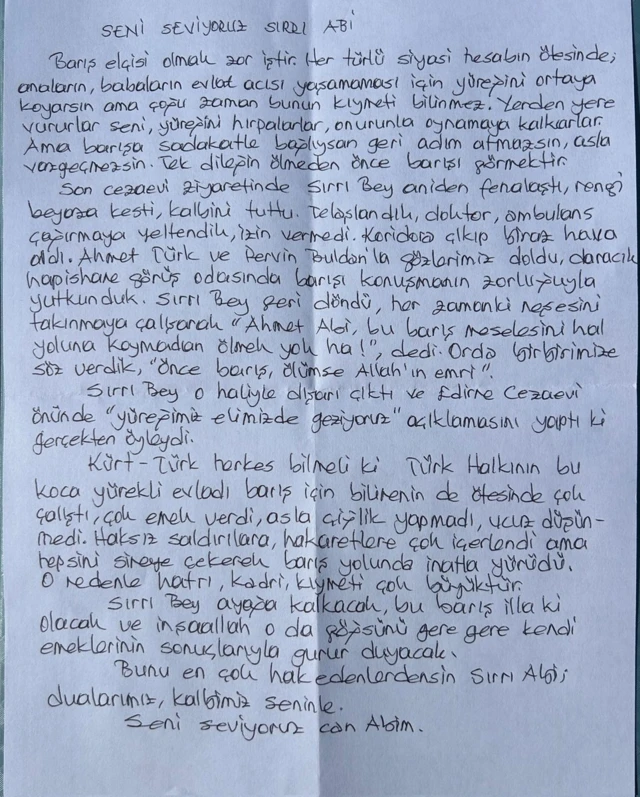 Selahattin Demirtaş'ın Sırrı Süreyya Önder için yazdığı mektup
