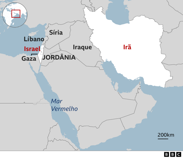 Mapa mostra Israel, Irã e países vizinhos