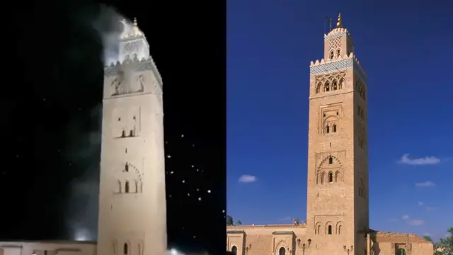 Left hand picture show Kutubiyya Mosque immediately after di earthquake, while di right hand picture show it bifor