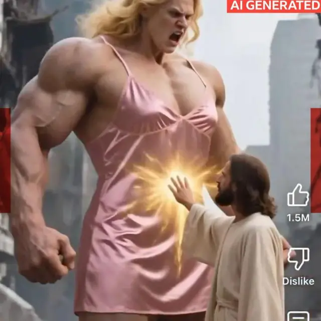 һ���� AI ���ɵ�ͼƬ��һ���޴��Ҽ��ⷢ��Ľ�ɫ�����ۺ�ɫ��װ��һ����������Ү�յ���Ӱ�������丹��