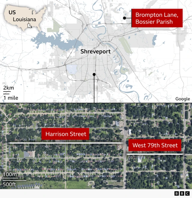 Split graphic wit two maps of di Shreveport area, Louisiana, US. Di top map locate Brompton Lane in Bossier Parish relative to central Shreveport. Di bottom satellite image highlight Harrison Street and a site for di 300 block of West 79th Street in a residential neighbourhood