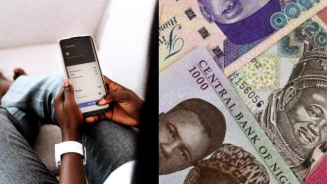 Collage foto of online banking and naira notes