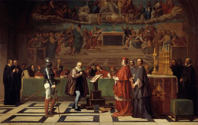 Tela mostra Galileu em sala suntuosa, rodeado por membros do clero 