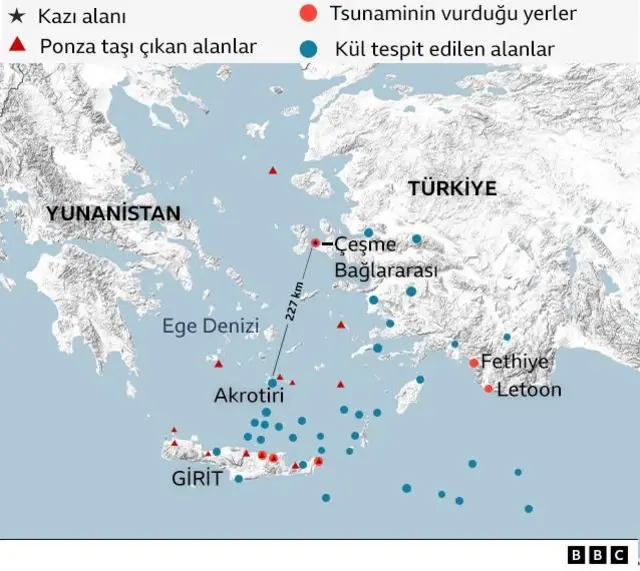 Thera patlaması ve yol açtığı tsunaminin vurduğu noktaları gösteren harita.