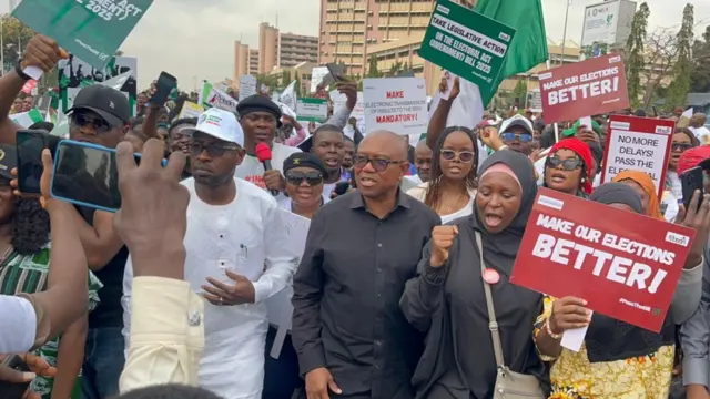 Peter Obi, opposition members, CSOs march go National Assembly to protest against rejection of electronic transmission of election result on Monday 9 February