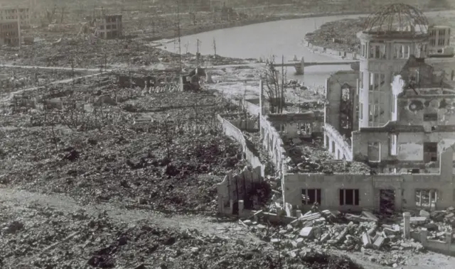 The flattened buildings of Hiroshima shortly after the nuclear bomb